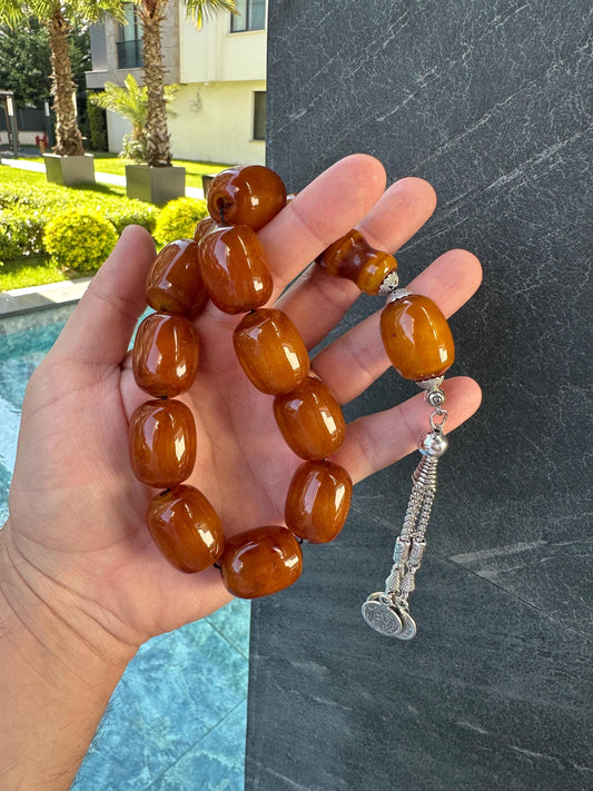 Amber Resin Islamic Prayer Beads – Handmade Tesbih with Silver Tassel | Gift for Him | Worry Beads for Stress Relief & Mindfulness