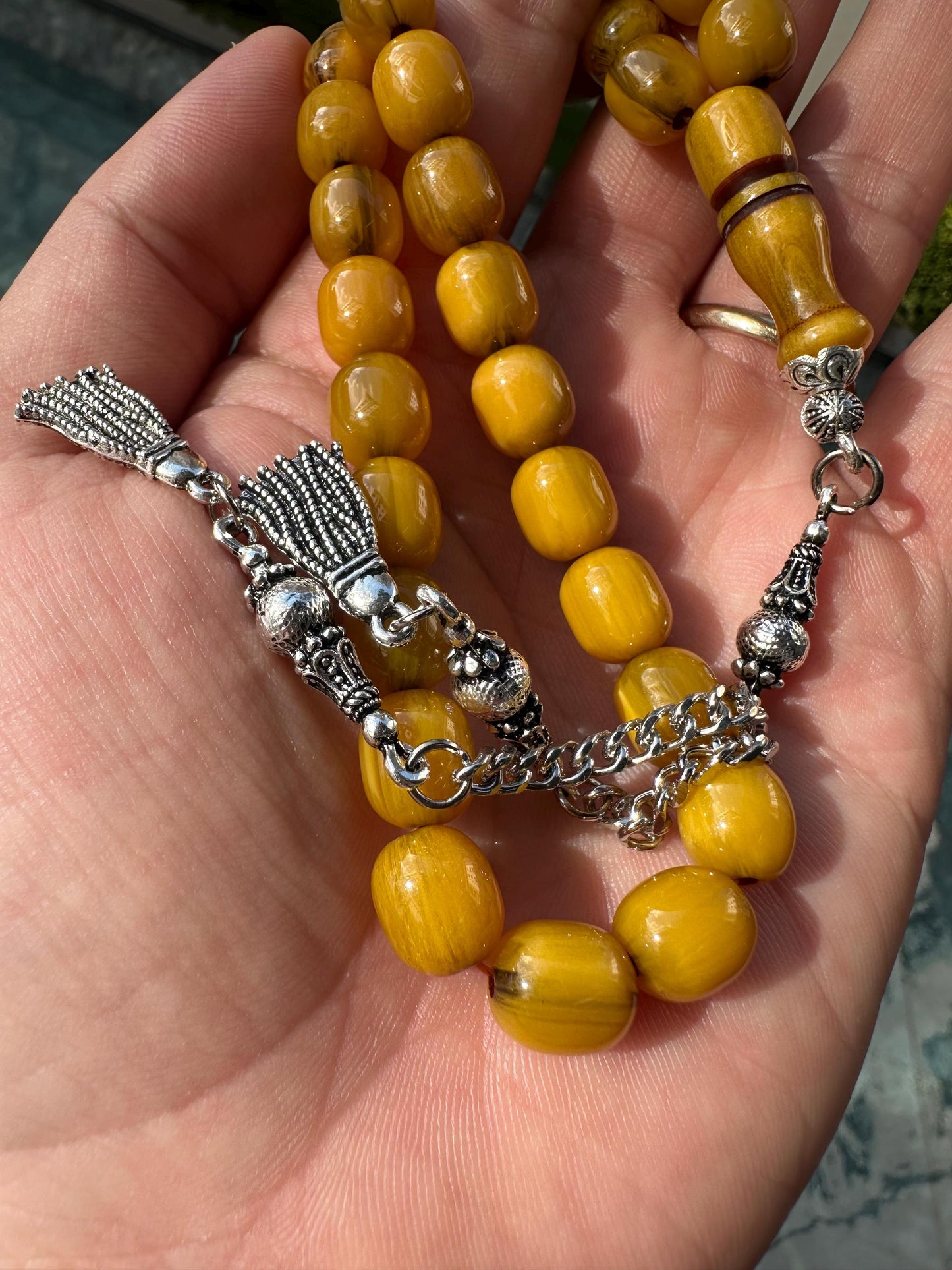 Amber Ottoman Tasbih – Handmade 33-Bead Islamic Prayer Beads with Silver Tassel | Misbaha for Dhikr, Meditation & Gift Collectors