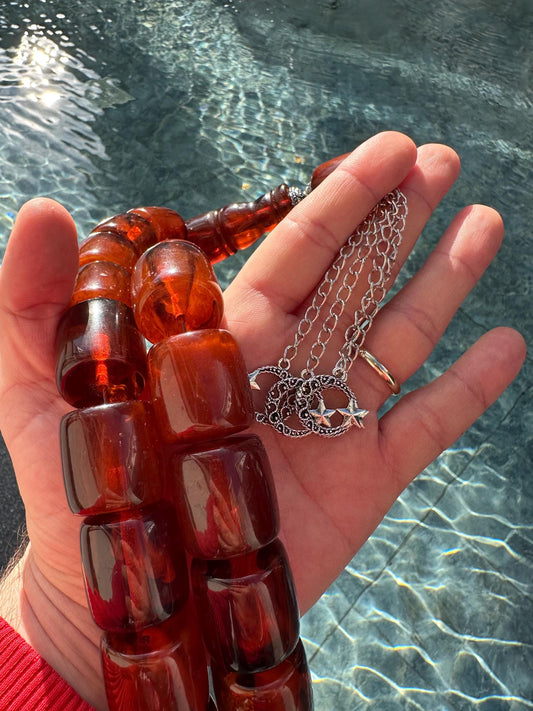 Chunky Amber Tasbih – Handcrafted Islamic Prayer Beads with Silver Tassel|33 Large Beads Misbaha|Bold Muslim Rosary |Unique Eid Gift for Him