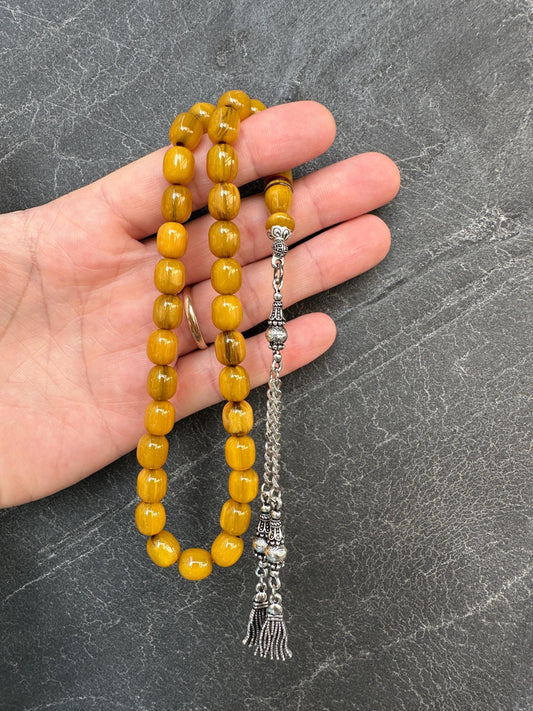 Amber Ottoman Tasbih – Handmade 33-Bead Islamic Prayer Beads with Silver Tassel | Misbaha for Dhikr, Meditation & Gift Collectors