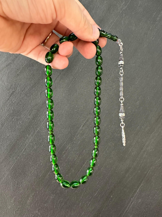 Antique Amber Ottoman Tasbih – 33 Resin Prayer Beads with Silver Tassel | Islamic Misbaha for Meditation, Gifting & Collectors