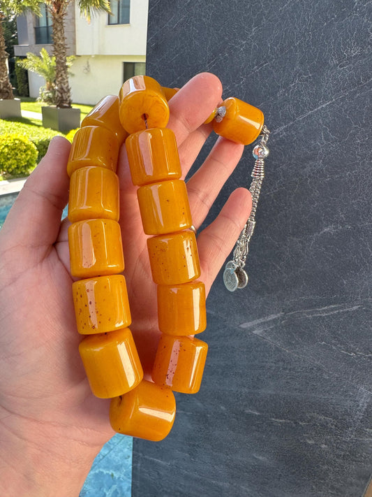 Chunky Amber-Look Tesbih – Handmade Islamic Prayer Beads with Silver Tassel | Misbaha for Men | Collector's Tasbih | 13 Beads