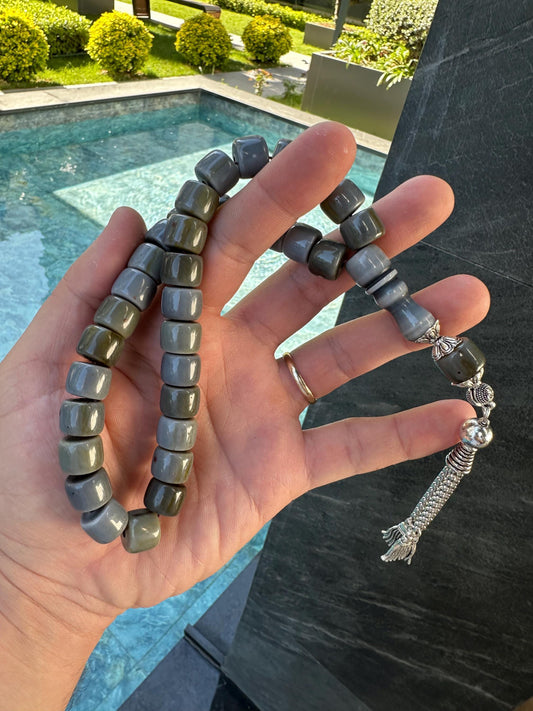Chunky Handmade Gray Tesbih with Silver Tassel | Islamic Prayer Beads for Men | Misbaha Gift | Muslim Rosary | Tasbeeh for Dhikr