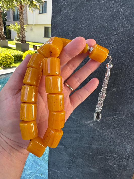 Chunky Amber-Look Tesbih – Handmade Islamic Prayer Beads with Silver Tassel | Misbaha for Men | Collector's Tasbih | 13 Beads