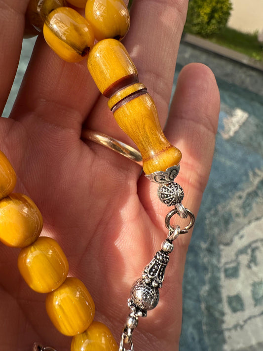 Amber Ottoman Tasbih – Handmade 33-Bead Islamic Prayer Beads with Silver Tassel | Misbaha for Dhikr, Meditation & Gift Collectors