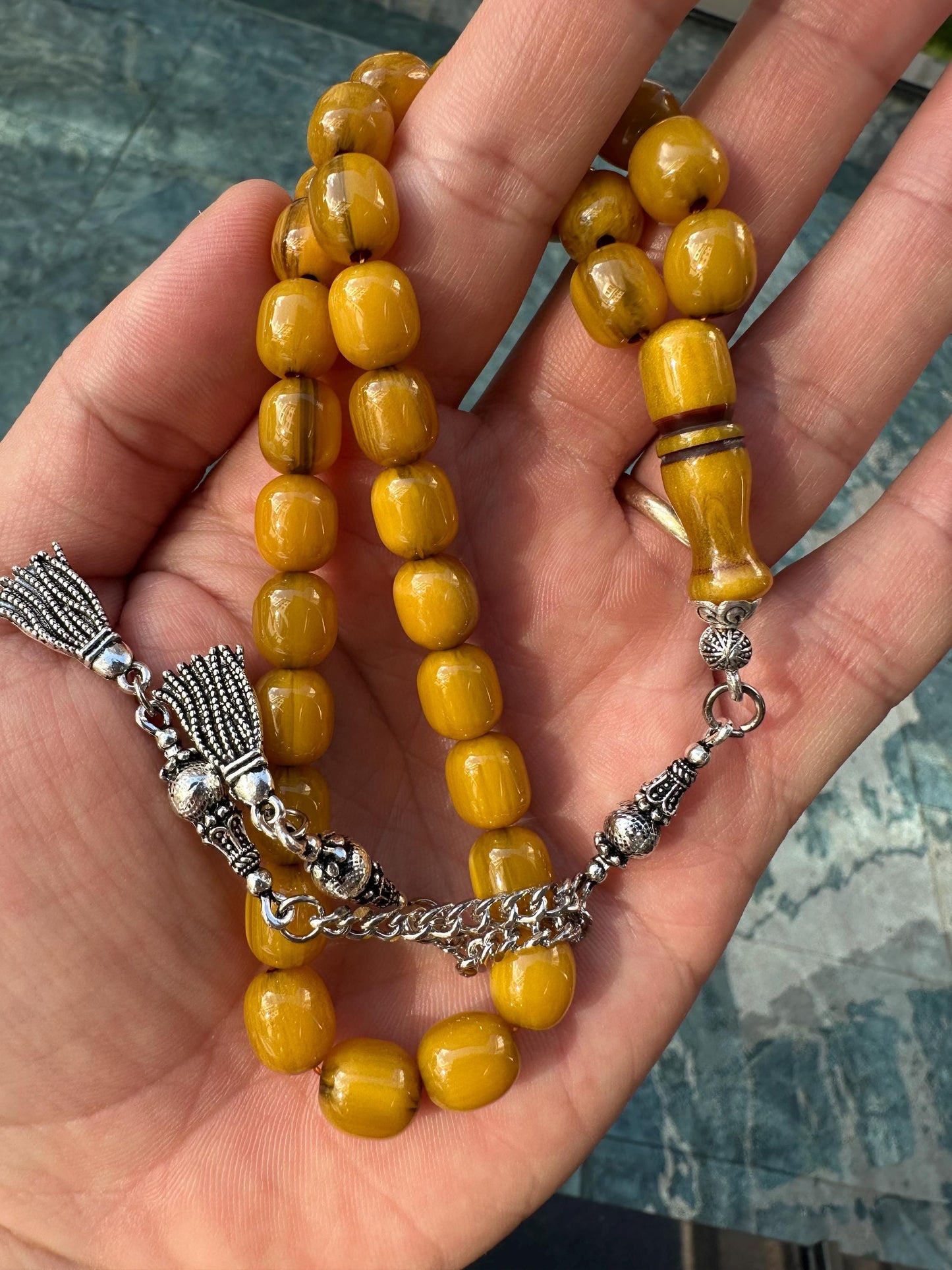 Amber Ottoman Tasbih – Handmade 33-Bead Islamic Prayer Beads with Silver Tassel | Misbaha for Dhikr, Meditation & Gift Collectors
