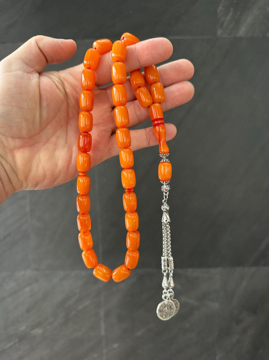 Deep Amber Ottoman Tasbih – 33 Resin Prayer Beads with Silver Detailing | Islamic Misbaha | Spiritual Gift or Collector's Bead Set