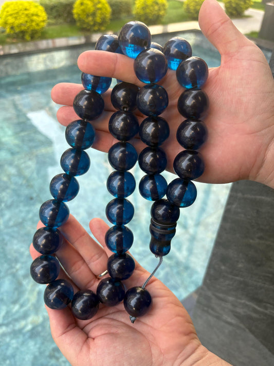 Islamic Prayer Beads Tasbih – Handmade Blue Misbaha with Glossy Resin Beads & Silver Tassel | Dhikr Gift | 33 Bead Tasbeeh