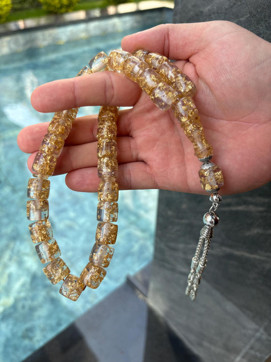 Clear Gold Flake Resin Tasbih | 33 Beads Islamic Prayer Beads | Handmade Misbaha Muslim Rosary | Islamic Gift for Him | Eid Gift