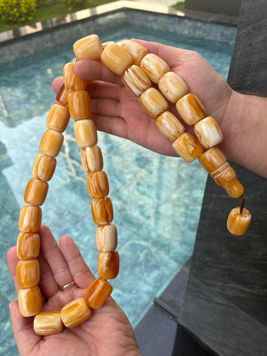 Honey Cream Resin Tasbih – 33-Bead Handmade Islamic Prayer Beads with Silver Tassel | Turkish Misbaha for Dhikr, Meditation, Gift