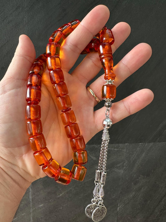 Ottoman Amber Tasbih – 33 Resin Prayer Beads with Tassel | Handmade Islamic Misbaha | Collectible Spiritual Gift | Dhikr Beads
