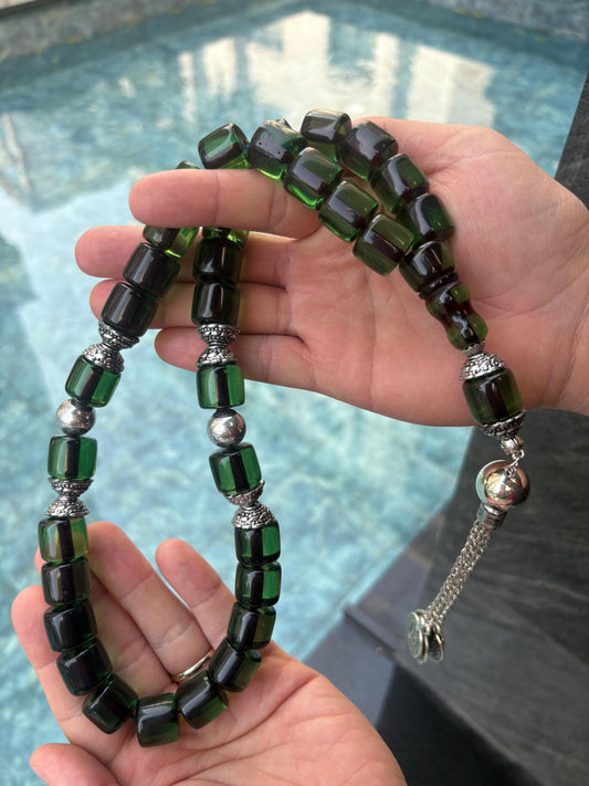 Emerald Green Barrel-Bead Tasbih – 33-Bead Islamic Prayer Beads with Silver Accents | Handmade Misbaha for Dhikr & Meditation | Muslim Gift