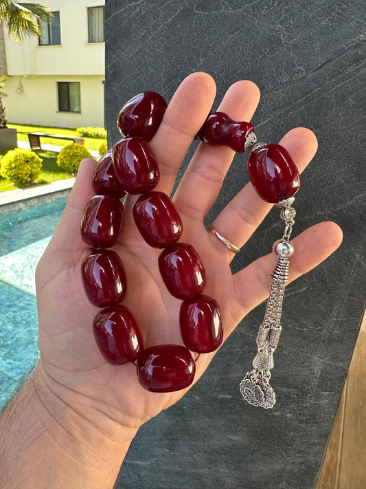 Handmade Ottoman-Style Red Amber Prayer Beads|Large Vintage Islamic Tasbih|Antique-Style Misbaha|Collector's Luxury Worry Beads|Gift for Him