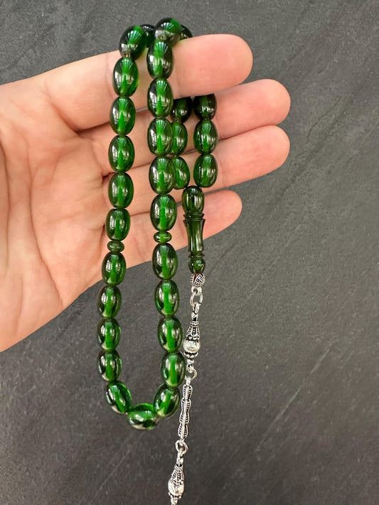 Antique Amber Ottoman Tasbih – 33 Resin Prayer Beads with Silver Tassel | Islamic Misbaha for Meditation, Gifting & Collectors