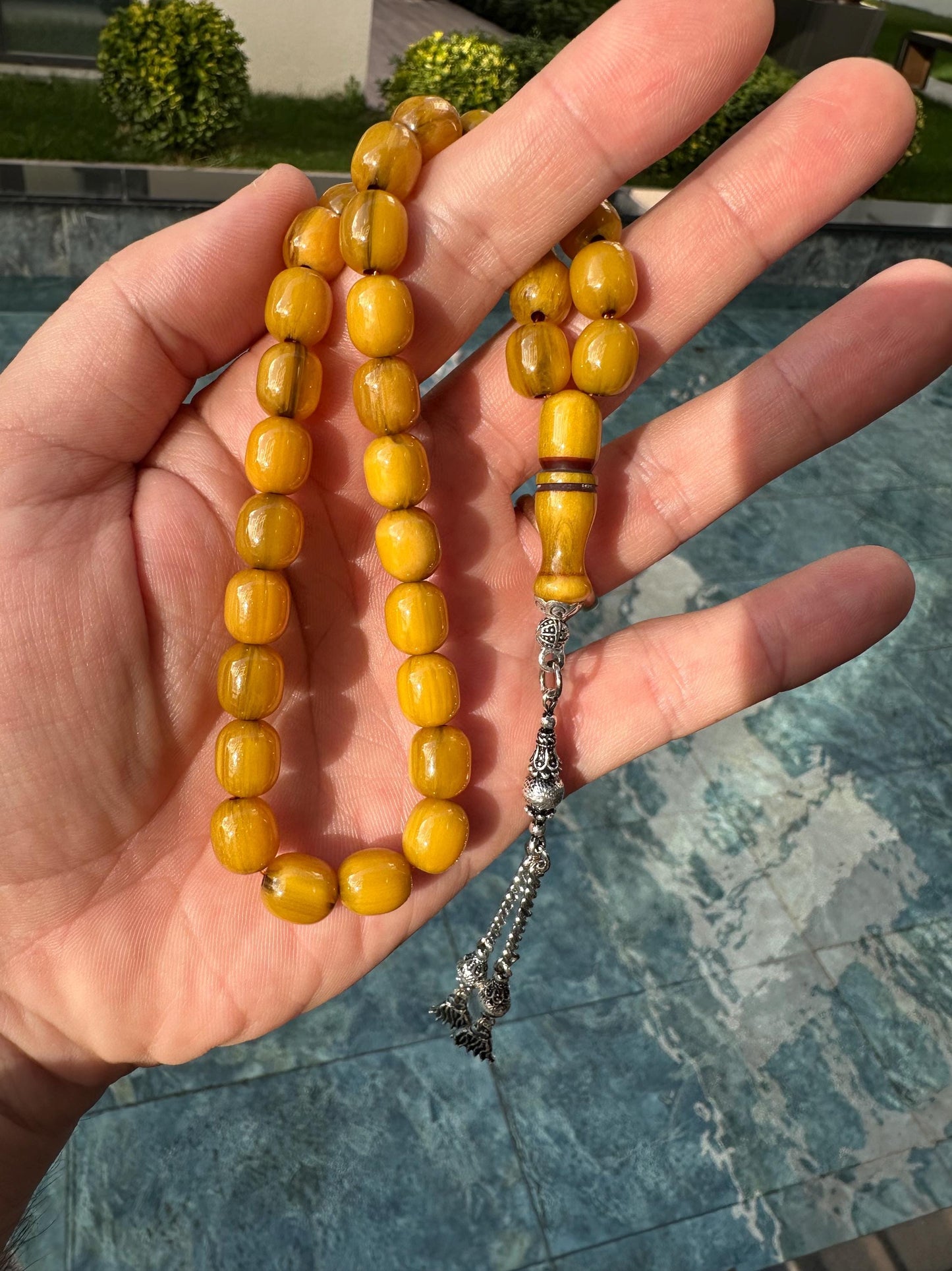 Amber Ottoman Tasbih – Handmade 33-Bead Islamic Prayer Beads with Silver Tassel | Misbaha for Dhikr, Meditation & Gift Collectors