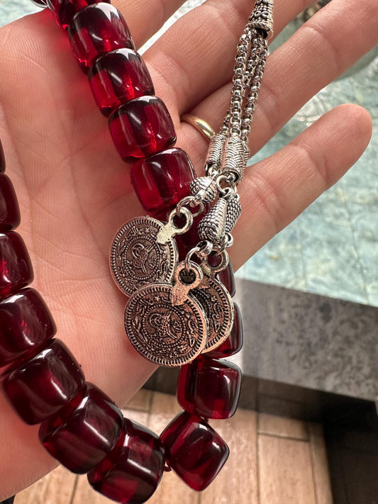 Handcrafted Amber Ottoman Tesbih – 33 Bead Islamic Prayer Beads with Silver Tassel | Misbaha for Dhikr, Meditation & Mindfulness Gift