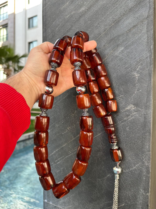 Chunky Amber Tasbih – Handcrafted Islamic Prayer Beads with Silver Tassel|33 Large Beads Misbaha|Bold Muslim Rosary |Unique Eid Gift for Him