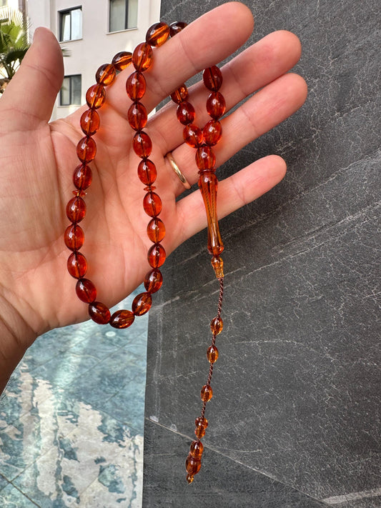 Handcrafted Amber-Style Ottoman Tasbih – 33-Bead Islamic Prayer Beads with Silver Tassel | Misbaha for Dhikr, Meditation & Collectors
