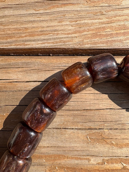 Handcrafted Dark Amber Barrel-Bead Tasbih | 33 Beads Misbaha with Silver Accents | Islamic Prayer Beads for Dhikr | Unique Muslim Gift