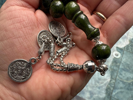 Handcrafted Amber Resin Ottoman Tesbih – 33 Bead Islamic Prayer Beads with Silver Tassel | Misbaha for Dhikr, Reflection & Mindful Gifting